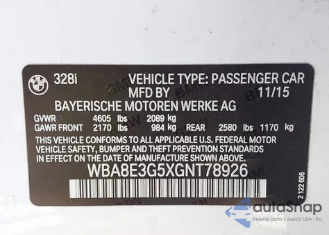 2016 BMW 328I xDrive from USA, damaged, VIN WBA8E3G5XGNT78926